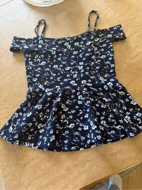 Suzy Shier Floral Off Shoulder Peplum Top Navy Blue Spaghetti Strap Blouse S